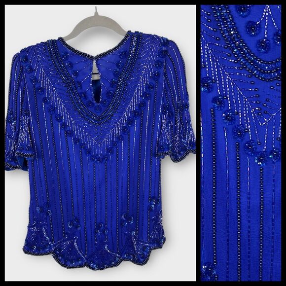 Vintage Eue's Allure Blue Silk Full Sequin 80s Evening Formal Blouse Medium - Picture 1 of 9